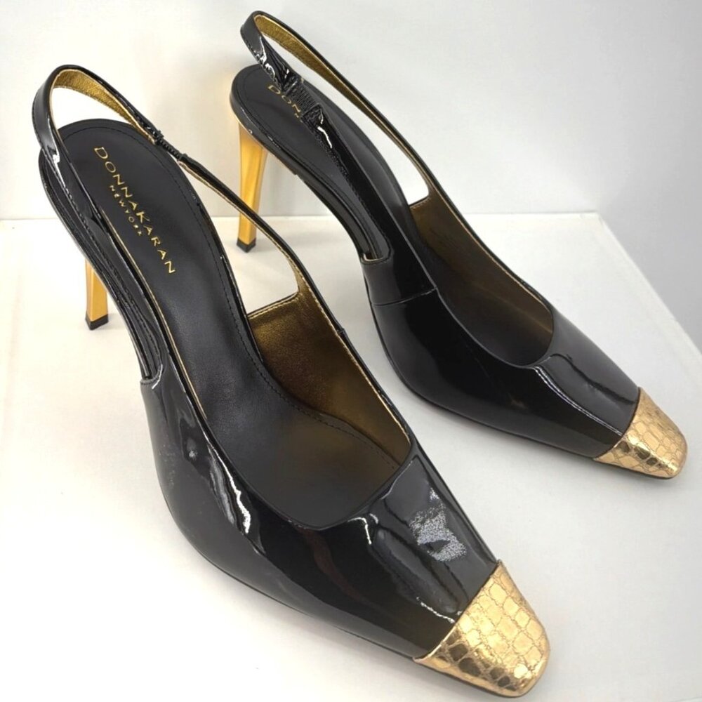 Donna Karan New York Savita Slingback Heels Black Gold Cap Toe Pumps Size 8.5 - Picture 4 of 14